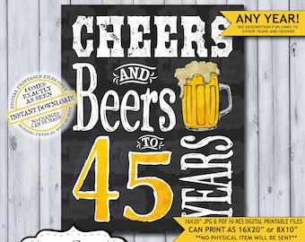 Cheers and Beers to 45 Years Chalkboard Poster | Instant Download Man's 45th Birthday Beer Sign | Poster Only