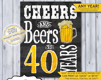 Cheers and Beers 40 Years | 40th Birthday Poster | Cheers to 40 | Cheers Birthday | Chalkboard Birthday Poster | Beer Sign | Man's Birthday