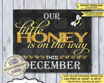 Little Honey Chalkboard Pregnancy Announcement Photo Prop | Spring Bumble Bee Baby Reveal Printable Poster | December Instant Download Sign