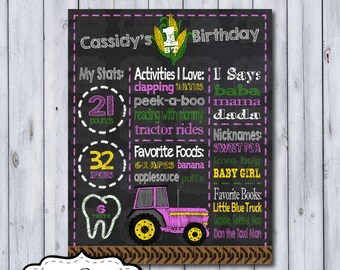 Farm 1st Birthday Chalkboard Poster | Pink Tractor First Birthday Chalkboard Poster | Girl Birthday Chalkboard Poster | Milestone Poster