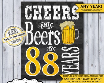 Cheers and Beers to 88 Years Chalkboard Poster | Instant Download Man's 88th Birthday Beer Sign | Poster Only