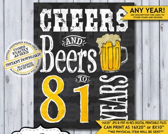Cheers and Beers to 81 Years Chalkboard Poster | Instant Download Man's 81st Birthday Beer Sign | Poster Only