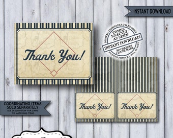 Vintage Baseball Thank You Note Cards | Blank Birthday Notecards | Boy Baby Shower Folded Stationery | Sports Printable Instant Download