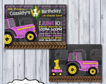 Farm Birthday Invitation | Pink Tractor Chalkboard Birthday Invite | Chalkboard Farm Party | Deere Birthday Party | Tractor Birthday Invite