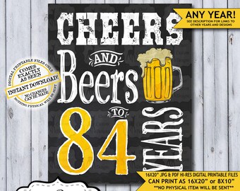 Cheers and Beers to 84 Years Chalkboard Poster | Instant Download Man's 84th Birthday Beer Sign | Poster Only