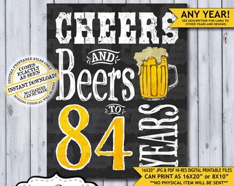 Cheers and Beers to 84 Years Chalkboard Poster | Instant Download Man's 84th Birthday Beer Sign | Poster Only