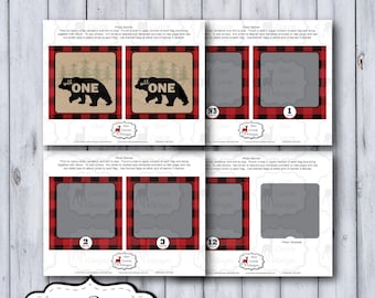 Wild One 1st Birthday Photo Banner | Rustic Woodland Plaid Flannel Boy First Birthday Banner | Lumberjack Monthly Milestone Banner Printable