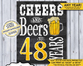 Cheers and Beers to 48 Years Chalkboard Poster | Instant Download Man's 48th Birthday Beer Sign | Poster Only