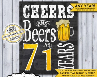 Cheers and Beers to 71 Years Chalkboard Poster | Instant Download Man's 71st Birthday Beer Sign | Poster Only