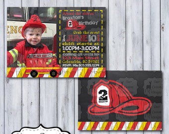 Firefighter Photo Birthday Invitation | Photo Fireman Chalkboard Birthday Invite | Photo Chalkboard Firetruck Party | Fire Truck | Fire Man