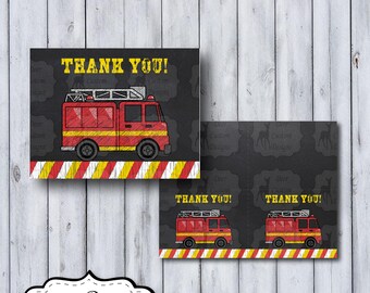 Fireman Birthday Thank You Notes | Fire Truck Notecards | Fireman Party | Firefighter Birthday | Chalkboard Fire Truck Birthday | Boy Party