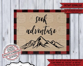 Seek Adventure Lumberjack Nursery Wall Art Poster | Instant Download Rustic Mountain Wilderness Plaid Flannel Sign for a Boy Nursery