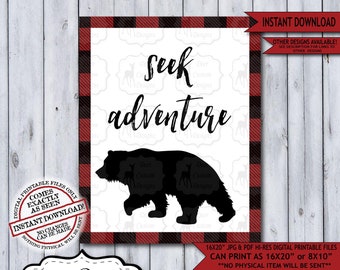 Seek Adventure Lumberjack Nursery Wall Art Poster | Instant Download Bear Rustic Woodland Wilderness Plaid Flannel Sign for a Boy Nursery