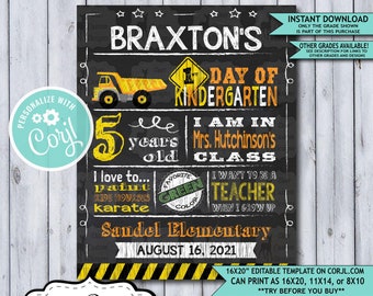 Back to School Sign Editable Template | Construction First Day of Kindergarten Printable Chalkboard Poster | Corjl Instant Download Template