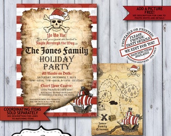 Pirate Holiday Party Invitation, Pirate Christmas Party Invite, Printed or Printable Work Party Invite, Yo Ho Ho Santa Hat Family Party