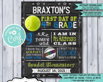 Back to School Sign Editable Template | Tennis First Day 4th Grade Printable Chalkboard Poster | Corjl Instant Download Template | Fourth