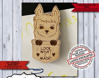 Wooden Llama Child Artwork Magnet | Personalized Kids Fridge Art Magnet | Laser Engraved Look What I Made School Display Magnet Gift