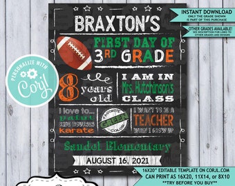 Back to School Sign Editable Template | Football First Day 3rd Grade Printable Chalkboard Poster | Corjl Instant Download Template | Third