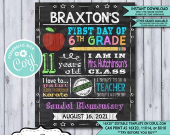 Back to School Sign Editable Template | Apple First Day of 6th Grade Printable Chalkboard Poster | Corjl Instant Download Template | Sixth