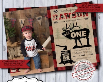 Wild One Lumberjack Photo 1st Birthday Invitation | Rustic Woodland Plaid Flannel First Birthday Invite for a Boy | Printable or Printed