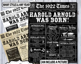 100th Birthday Poster | 100th Anniversary Poster | Newspaper Poster | 100 Years Ago Sign | Birthday Sign | Anniversary Sign | Born in 1922