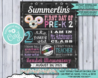 Back to School Sign Editable Template | Donuts First Day of Preschool Pre-K 2 Printable Chalkboard Poster | Corjl Instant Download Template