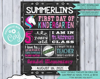 Back to School Sign Editable Template | Unicorn First Day of Kindergarten Printable Chalkboard Poster | Corjl Instant Download Template