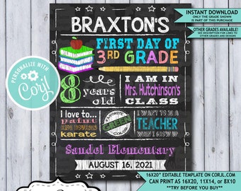 Back to School Sign Editable Template | Books First Day of 3rd Grade Printable Chalkboard Poster | Corjl Instant Download Template | Third