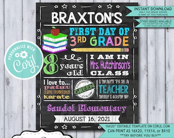 Back to School Sign Editable Template | Books First Day of 3rd Grade Printable Chalkboard Poster | Corjl Instant Download Template | Third