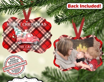 Christmas Red Truck Ornament Sublimation Template, Editable Plaid Family Name Date Benelux Ornament Design, Red Christmas Truck with Tree