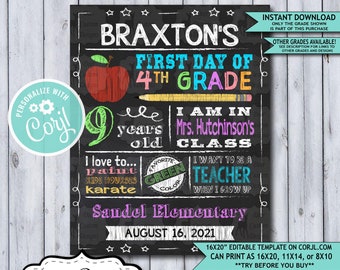 Back to School Sign Editable Template | Apple First Day of 4th Grade Printable Chalkboard Poster | Corjl Instant Download Template | Fourth