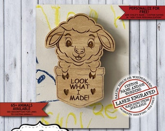 Wooden Lamb Child Artwork Magnet | Personalized Kids Fridge Art Magnet | Laser Engraved Look What I Made School Display Magnet Gift