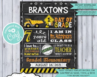 Back to School Sign Editable Template | Construction First Day of 2nd Grade Printable Chalkboard Poster | Corjl Instant Download Template