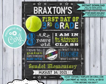 Back to School Sign Editable Template | Tennis First Day 3rd Grade Printable Chalkboard Poster | Corjl Instant Download Template | Third