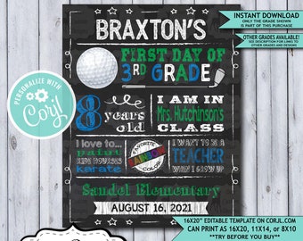 Back to School Sign Editable Template | Golf First Day 3rd Grade Printable Chalkboard Poster | Corjl Instant Download Template | Third