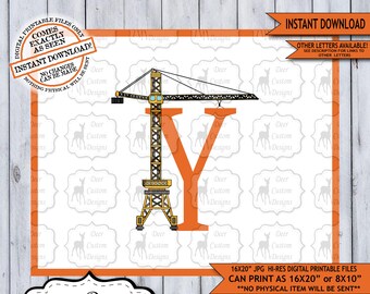 Letter Y Print, Construction Vehicles Alphabet Printable Nursery Art Decor, Boys Monogram, Boy Name Baby Shower Gift, Instant Download