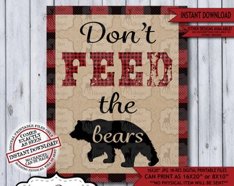 Printable Lumberjack Party Sign, Plaid Baby Shower or Boy Birthday Party Poster Decoration, Don't Feed the Bears Food Sign, Instant Download