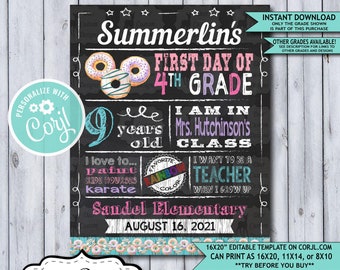 Back to School Sign Editable Template | Donuts First Day 4th Grade Printable Chalkboard Poster | Corjl Instant Download | Fourth