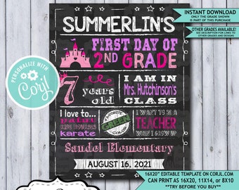 Back to School Sign Editable Template | Princess First Day 2nd Grade Printable Chalkboard Poster | Corjl Instant Download Template | Second