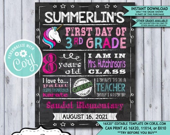 Back to School Sign Editable Template | Unicorn First Day 3rd Grade Printable Chalkboard Poster | Corjl Instant Download Template | Third