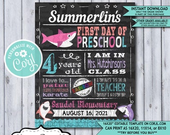 Back to School Sign Editable Template | Baby Shark First Day of Preschool Printable Chalkboard Poster | Corjl Instant Download Template