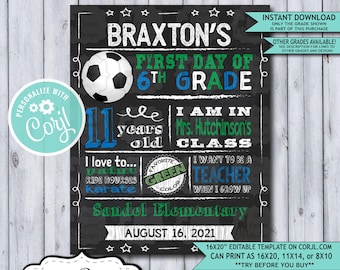 Back to School Sign Editable Template | Soccer First Day 6th Grade Printable Chalkboard Poster | Corjl Instant Download Template | Sixth