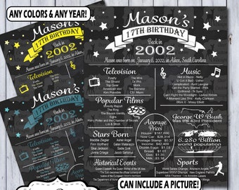 17th Birthday Poster, 17 Years Ago Birthday Sign, Born in 2002 Birthday Gift, Year You Were Born Chalkboard Poster, Printable or Printed