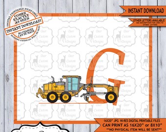 Letter G Print, Construction Vehicles Alphabet Printable Nursery Art Decor, Boys Monogram, Boy Name Baby Shower Gift, Instant Download