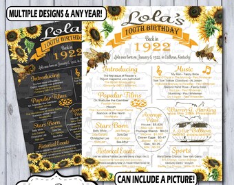 100th Birthday Poster | 100th Anniversary Poster | Floral Sunflower Chalkboard Poster | 100 Years Ago Sign | 1922 Birthday Anniversary Sign