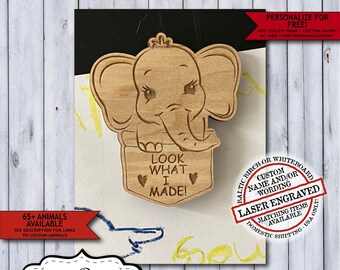 Wooden Elephant Child Artwork Magnet | Personalized Kids Fridge Art Magnet | Laser Engraved Look What I Made School Display Magnet Gift