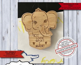 Wooden Elephant Child Artwork Magnet | Personalized Kids Fridge Art Magnet | Laser Engraved Look What I Made School Display Magnet Gift