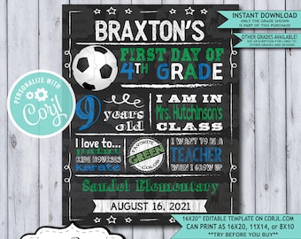 Back to School Sign Editable Template | Soccer First Day 4th Grade Printable Chalkboard Poster | Corjl Instant Download Template | Fourth