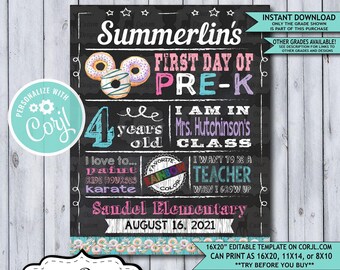 Back to School Sign Editable Template | Donuts First Day of Preschool Pre-K Printable Chalkboard Poster | Corjl Instant Download Template