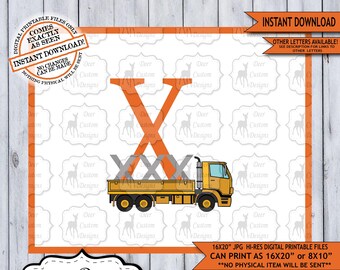 Letter X Print, Construction Vehicles Alphabet Printable Nursery Art Decor, Boys Monogram, Boy Name Baby Shower Gift, Instant Download